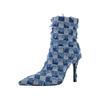 Fashion Kaky's new denim pointed high heel plaid oversized women's boots short boots 44 45 46