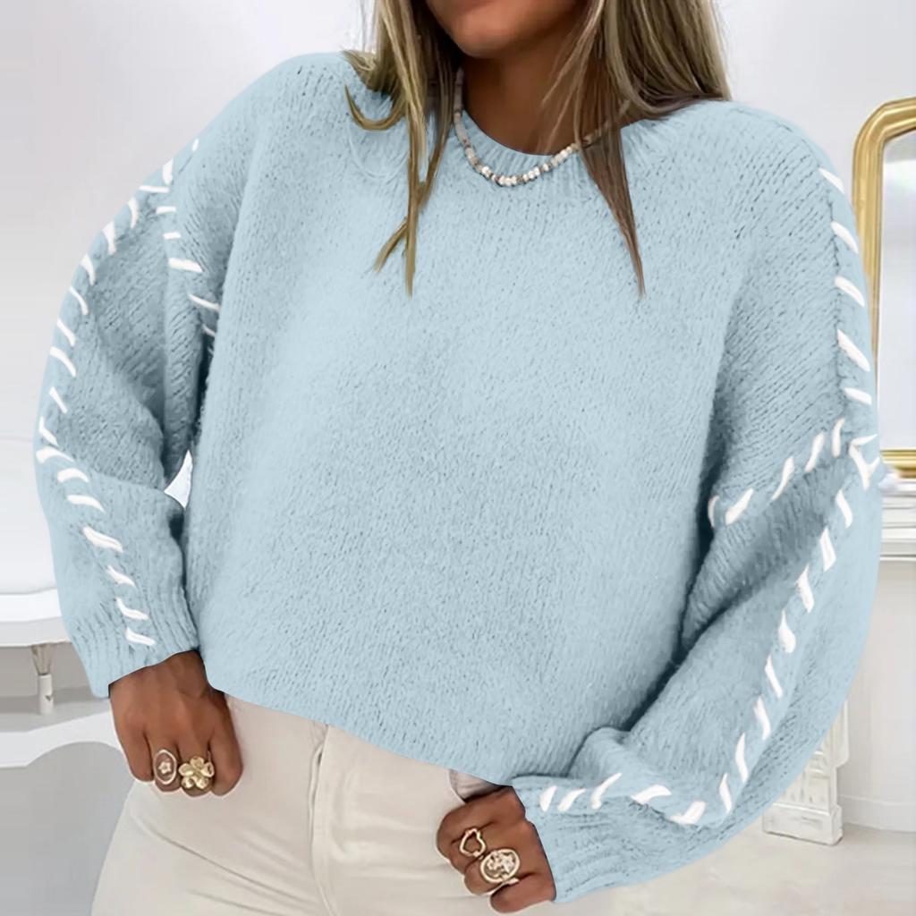 Ladies' Color Blocking Loose Casual Round Neck Knitted Sweater Long Sleeved Sweater Top