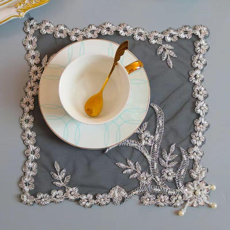 Table Surface decoration and accessories black bead flower embroidery table place mat cloth coaster Wedding Christmas placemat kitchen for Home