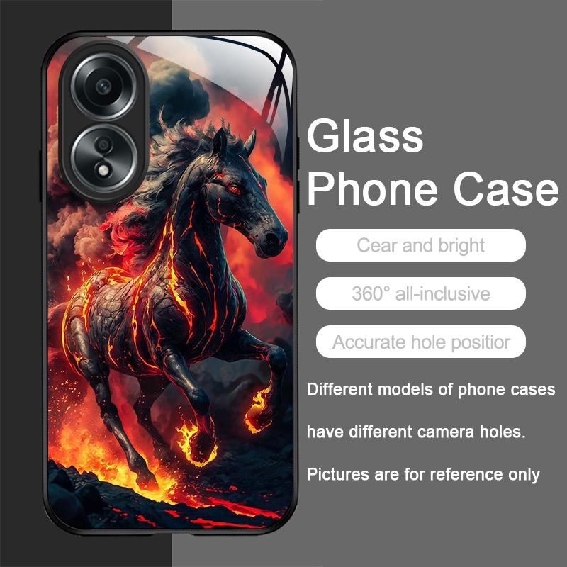 Creative Flame Black Horse Pattern Tempered Glass Phone Case for OPPO Realme 14 13 Pro Plus 12 11 10 Neo 3 X7 PRO C75 C55 Cover