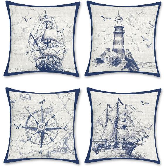 Bonhause Nautical Sailing Throw Pillow Covers 18 X 18 Inch Set of 4 Sailboat Compass Lighthouse Decorative Pillows Case Polyester Linen Cushion