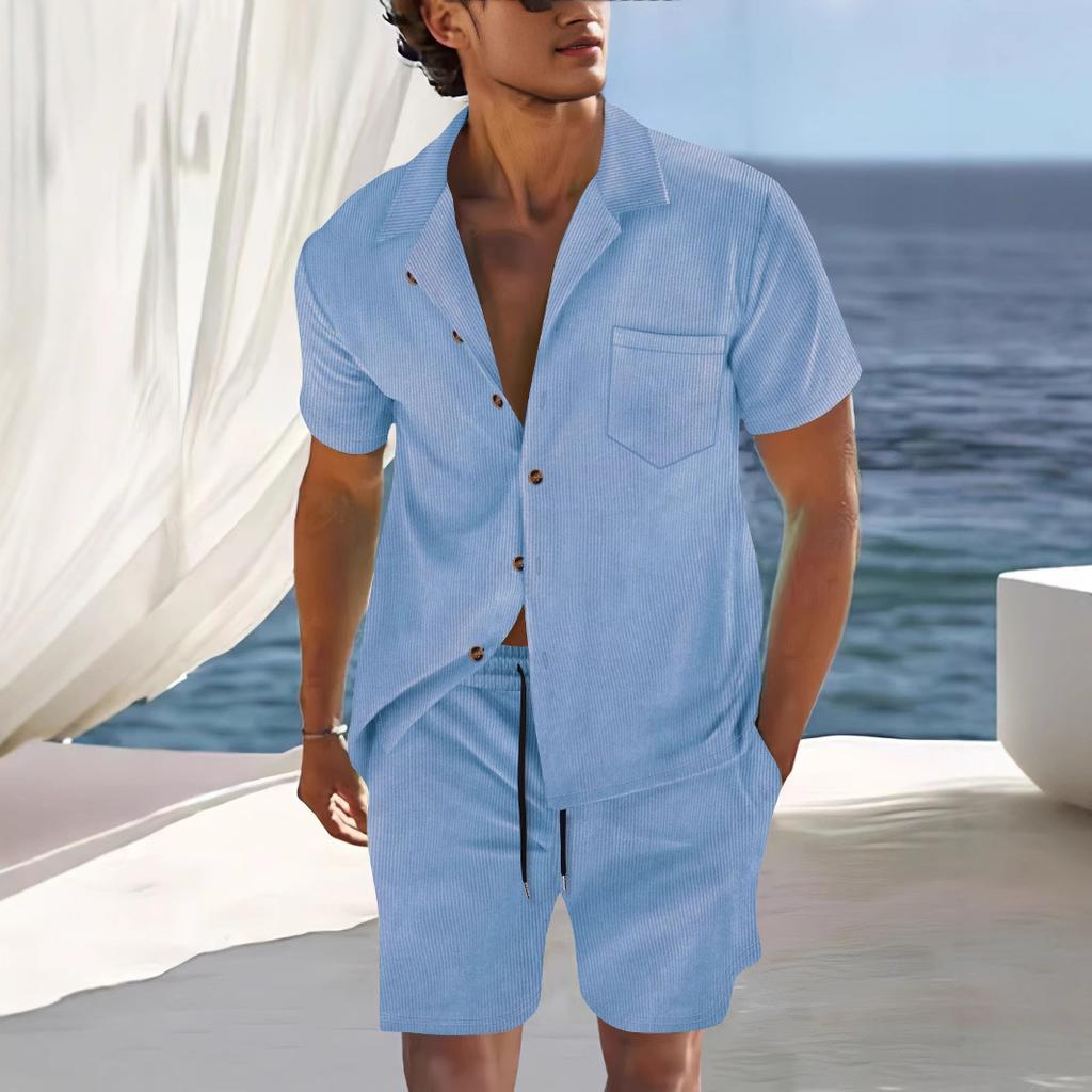 Conjunto de Camisa de Gola Cubana de Manga Curta e Shorts de Verão Masculino, Conjunto Casual Leve de Duas Peças com Caimento Relaxado