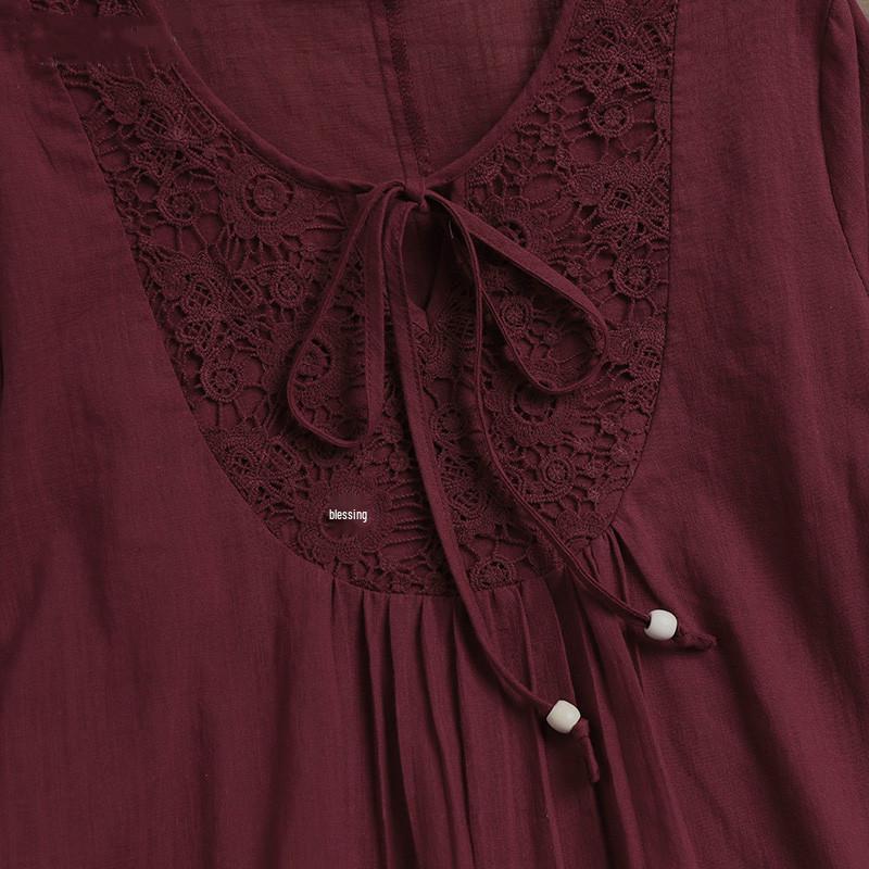 New Cotton Linen Patchwork Lace 3/4 Sleeve Loose Fit Women's Top