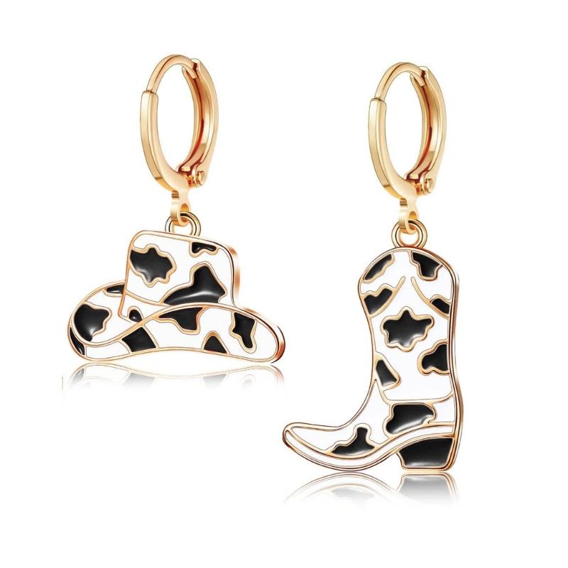 

Cow Print Cowboy Boot and Hat Dangle Earrings Western Style Eye Catching Asymmetrical Cowgirl Earrings Party Ornament 1
