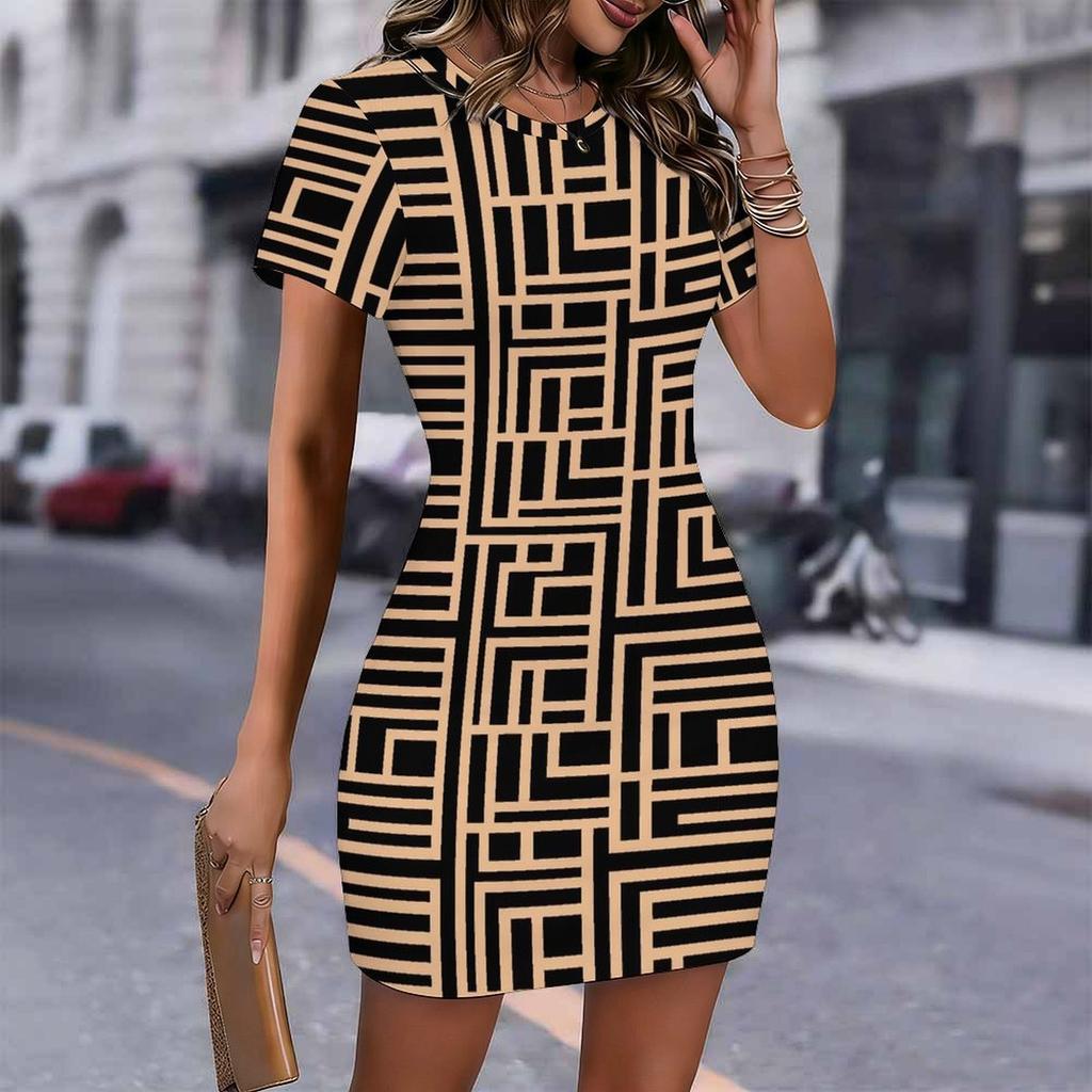 Fashion Womens Loose Xxhnmp85wu6m Pattern Print O Neck Short Sleeve Loose Streetwear A-line Dress