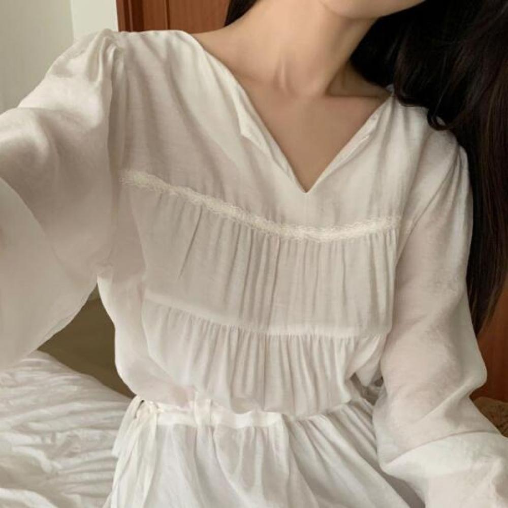 New ArriVals Open Run V Neck Shirred Waist Tie Dress