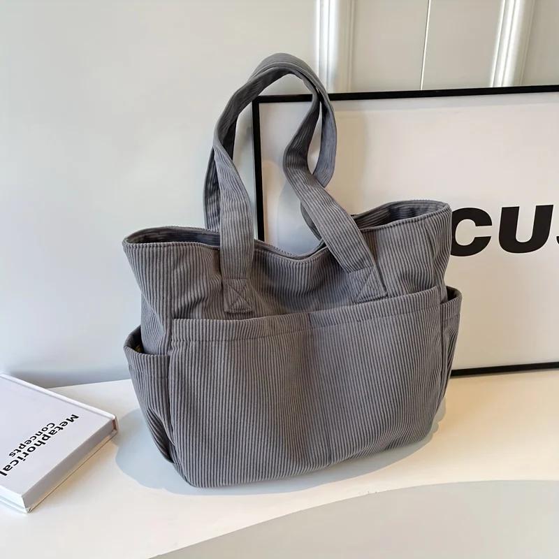 Large Capacity Women's Corduroy Tote Bag Casual Striped Shoulder Bag with Fixed Straps Zipper Handbag for Daily Commuting