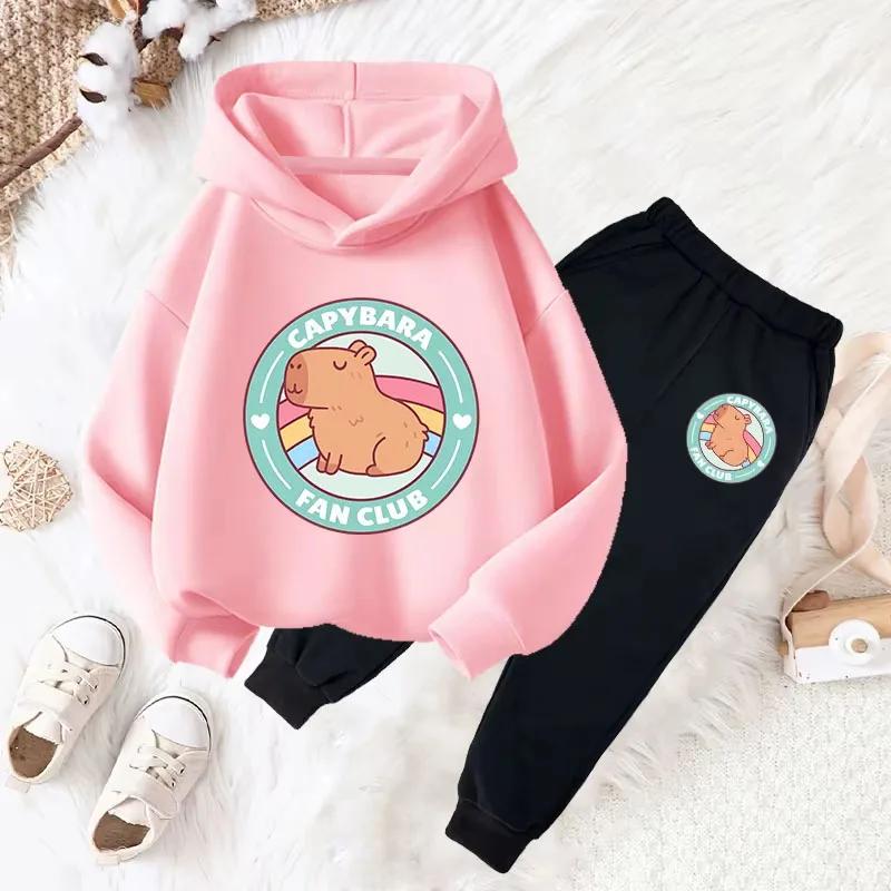 Capybara Print Children Hoodie Sets Girls Boys Autumn Winter Casual Fashion Cute Funny Fleece Long Sleeve Hoodies and Long Pants