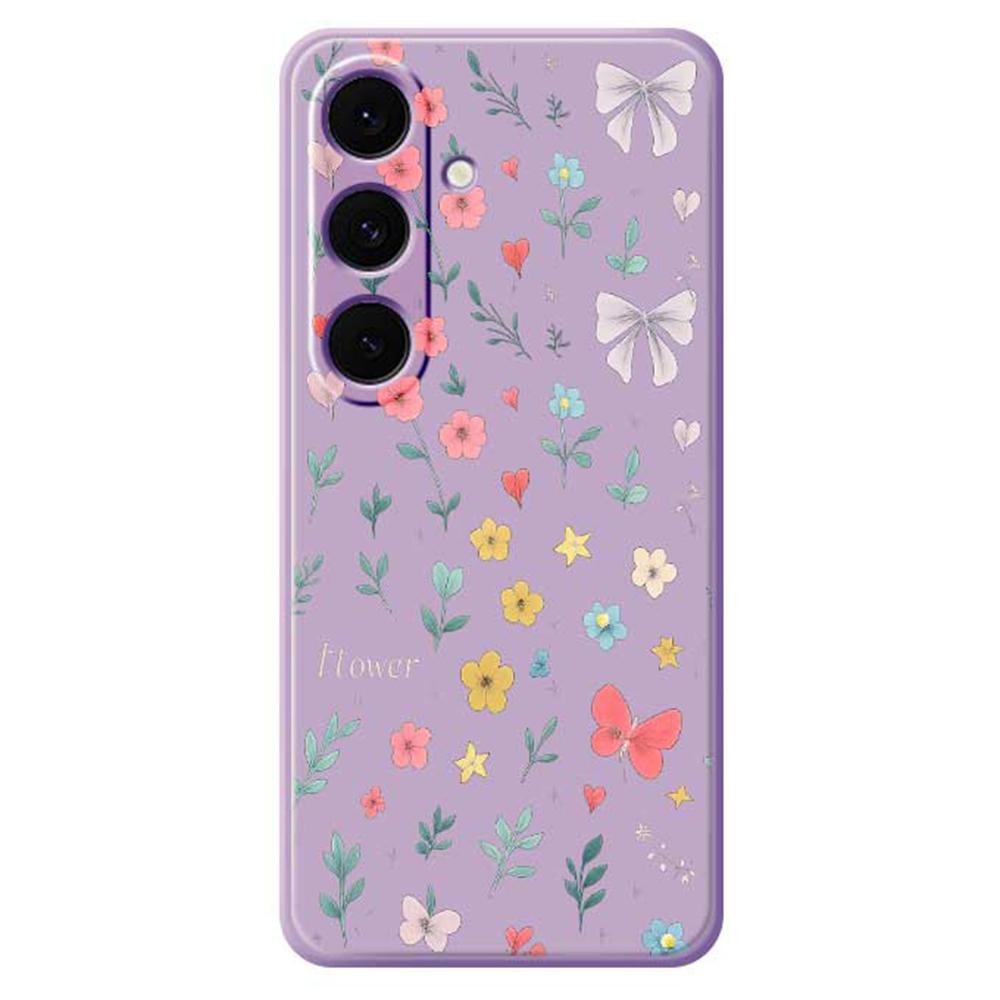 

For Samsung Galaxy S24 FE Case Floral Bow Pattern Printing Straight Edge TPU Phone Back Cover Purple