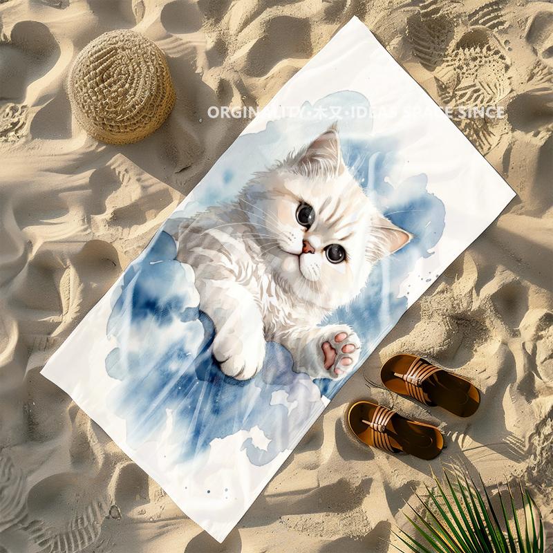 Watercolor Cute Cat Beach Towel Patterned Sunscreen And Windproof Suitable For Swimming Pool Camping Travel Blanket