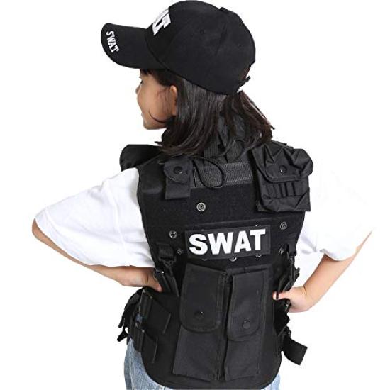 Halloween Costume Cosplay SWAT Kids Vest Hat Men Costume Police Tactical Vest Military Army Cap (Vest + Hat) 2-Piece Set Unisex Barsado