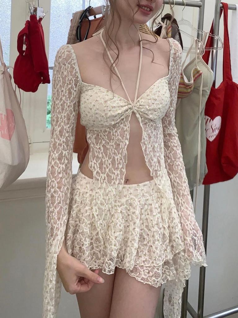 French Chic Floral Long Sleeve Swimsuit Set: Sexy & Conservative Four-Piece Bikini