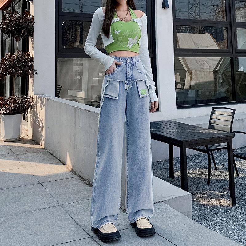 

Женские джинсы с высокой талией, облегающие, ретро-синие, летняя коллекция 2025 года с дизайном необработанного края M