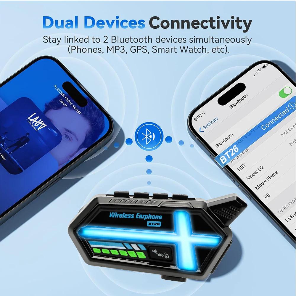 800M Full Duplex Motorcycle Helmet Intercom Headset 5.4 Bluetooth Intercomunicador Waterproof with Voice Assistant Ambient Lamp