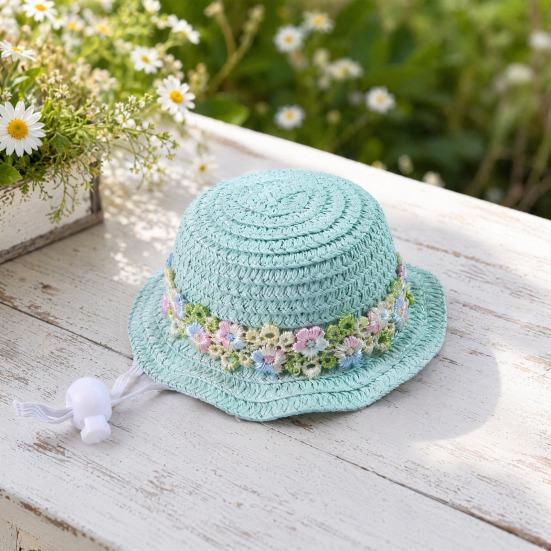 Yousheng Pet Straw Hat, Embroidered Floral Summer Cat Hat, Woven Scalloped Edge Pet Sun Hat with Adjustable Strap for Cats And Small Dogs