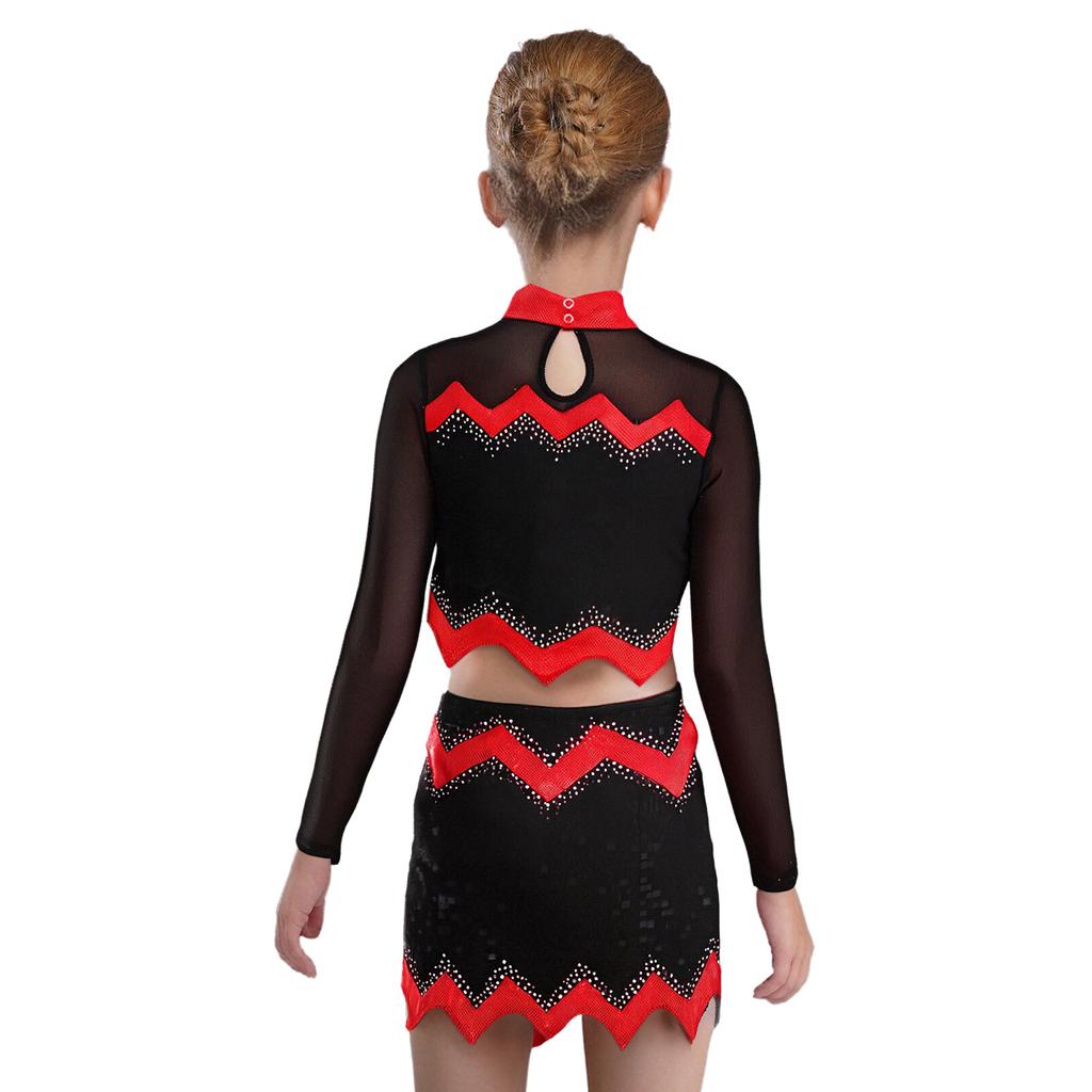 Dívčí roztleskávačská uniforma Dlouhý rukáv Crop top Výřez Design Kamínkové detaily Sladěná taneční sukně Outfit