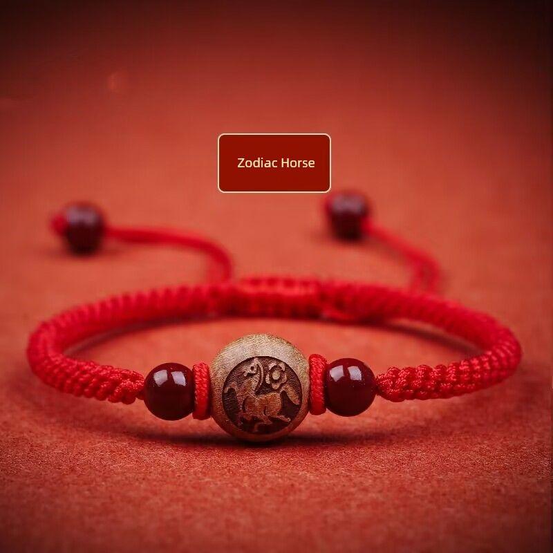 Peachwood Zodiac Red Rope Bracelet Men's Lucky Beads Woven Hand Strap Girls Kids Natural Cinnabar Bracelet Snake