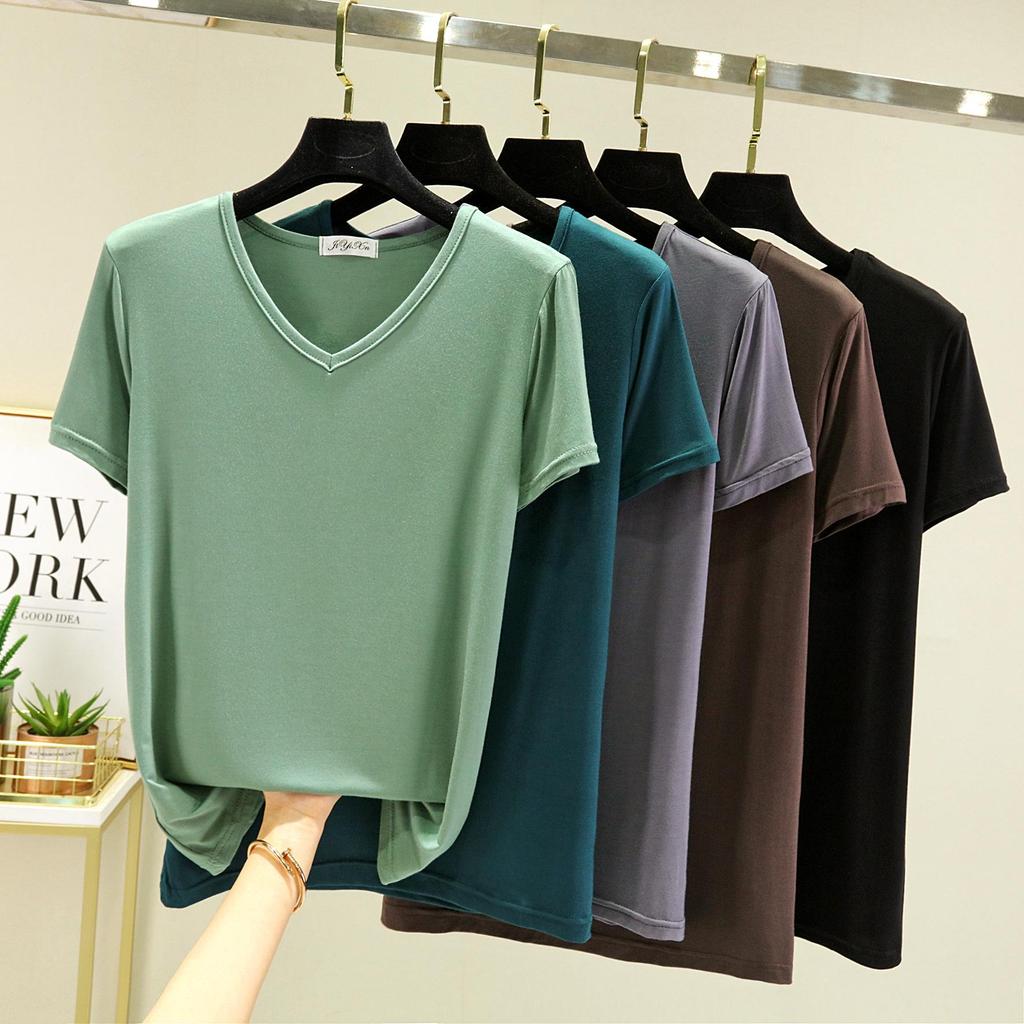 Women's Short-Sleeve Modal V-Neck White Ice Silk Loose T-Shirt