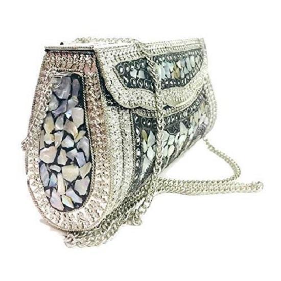 Damen Silber Muschel Perlmuttstein Ethnische Clutch - Indische Antik Mosaik Metall Party Geldbörse