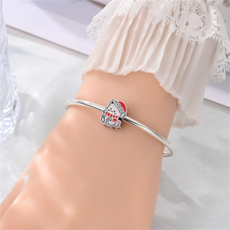 925  Silver Christmas Puppy Cat Charms Sleigh Happy New Year Bead Pendant Fit Original Bracelet Necklace Jewelry Gift