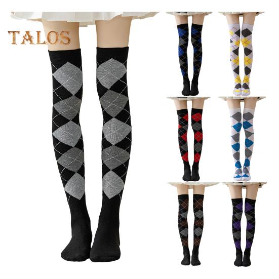 1 Pair Winter Socks Rhombus Printing Over-the-knee Socks Warm Extra Loose Ankles Contrasting Color Stockings for Daily Wear Dancing