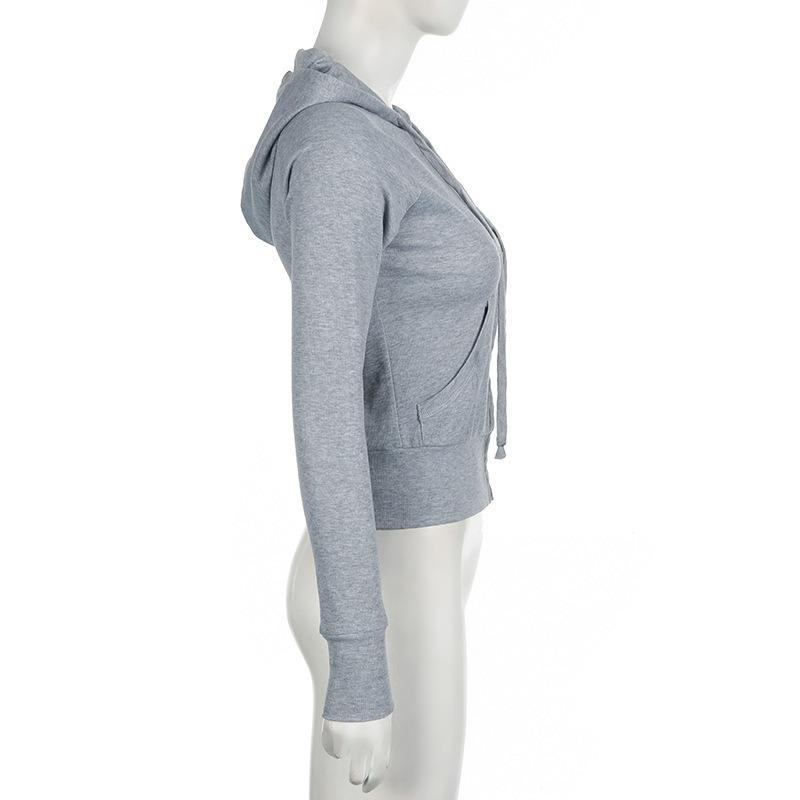 Gray Street Style Zip Up Hooded Sweatshirt Slim Fit Women S Casual Top