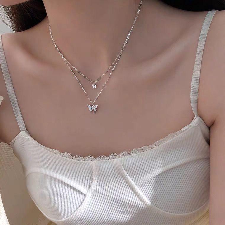 Sparkling Double-Layer Butterfly Necklace - 2021 Trendy Korean Choker with Cool Style Clavicle Chain