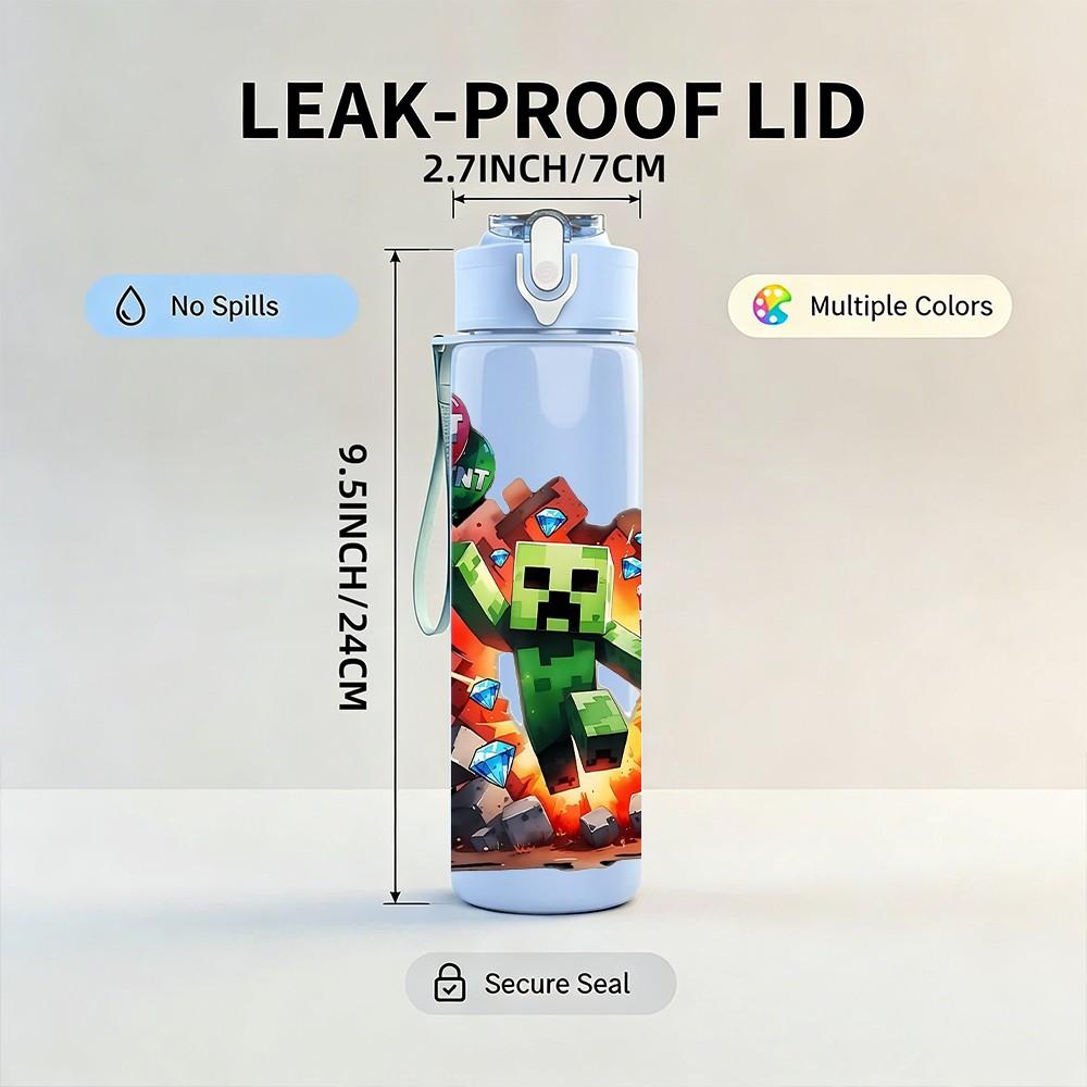 1PC Minecraft Creeper Fire Explosion Print 750ml Color Plastic Sports Water Bottle Leakproof Flip Straw Lid Suitable for Sports Office Home Use