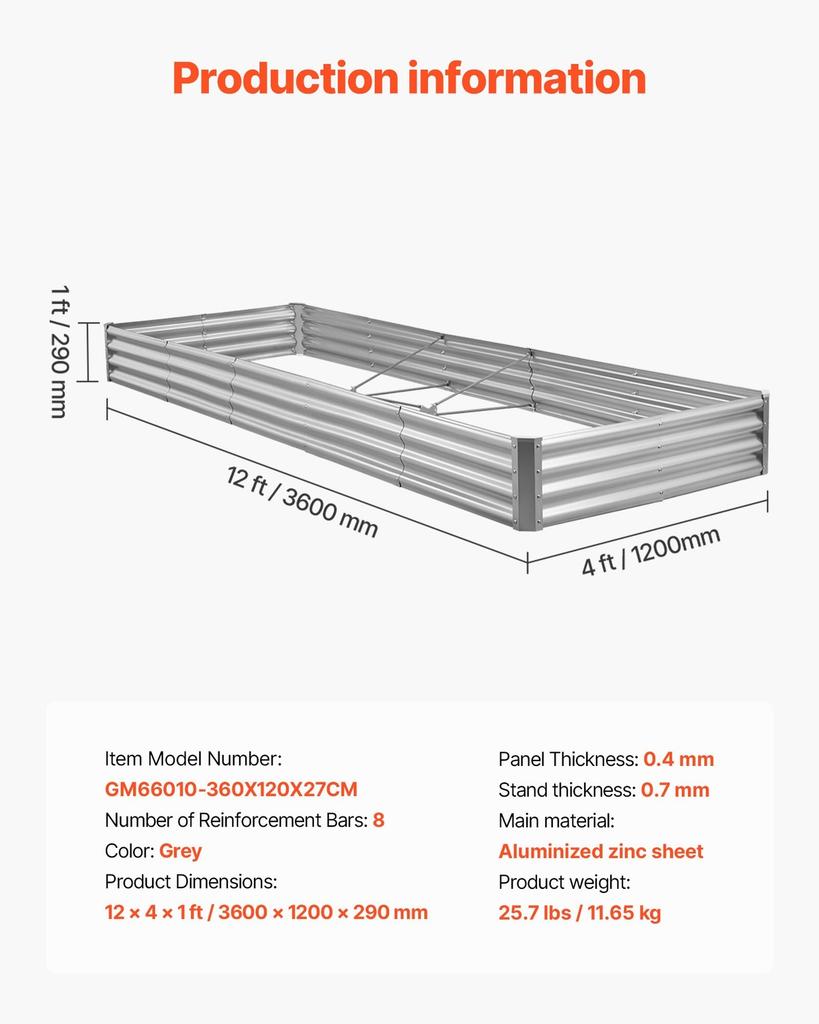 Metal Raised Garden Bed, 3.6 x 1.2 x 0.3 m Outdoor Galvalume Planter Garden Box, Open Bottom Design, Large Planter Raised Bed for Growing Vegetables,