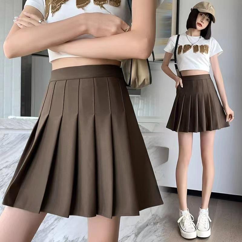 

Women s Preppy Style White Pleated Mini Skirt, High Waist, Slimming, Plus Size, Summer A-Line Midi Skirt M (90-100 jin) коричневый