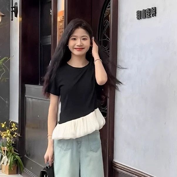 Design Sense Ballet Style Round Neck Short-sleeved T-shirt for Women In Summer Waist-retted Base Shirt Top