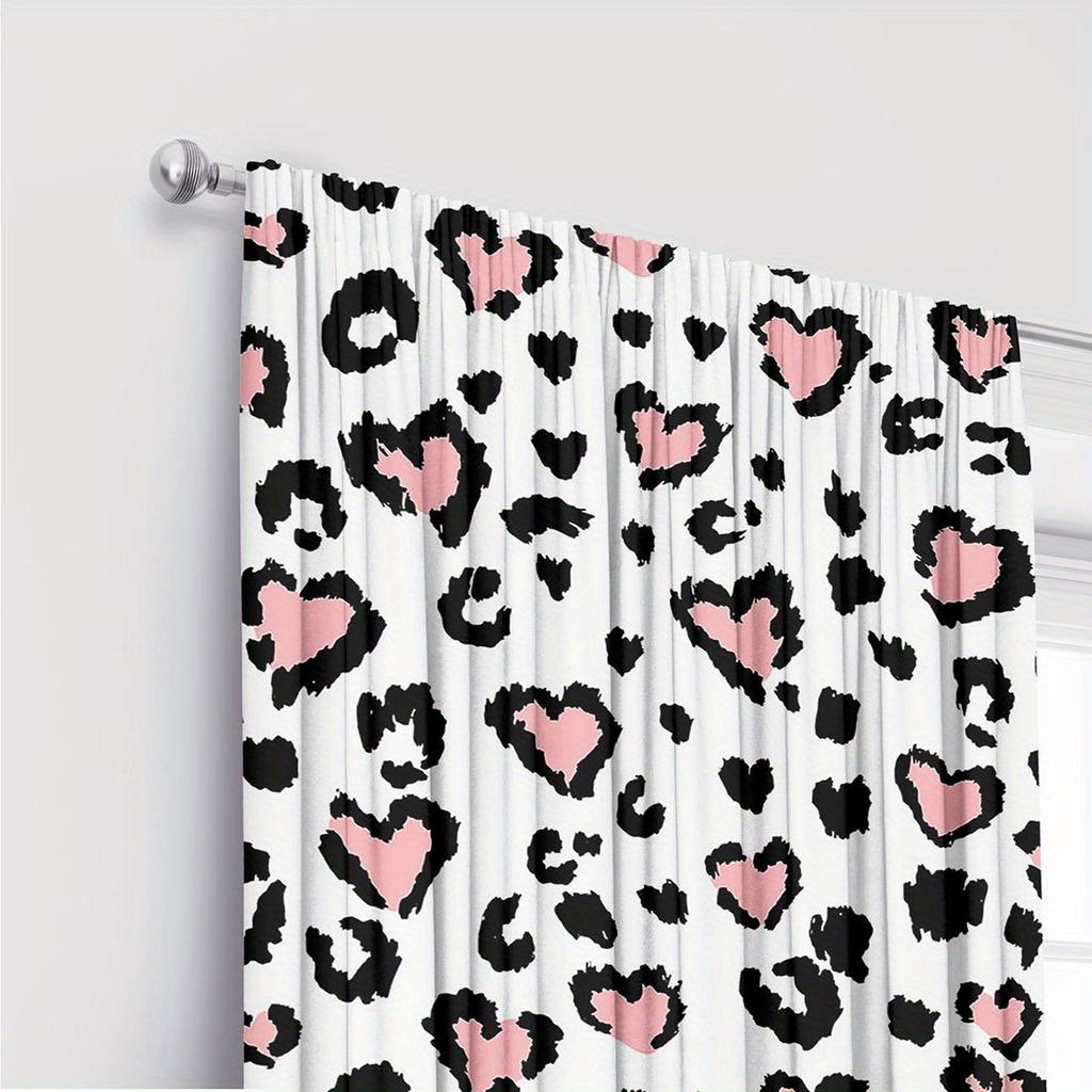 Set Of 2 Heart Leopard Print Curtains Polyester Fabric Suitable Bedroom Living Room Decoration Curtain Machine Washable Ideal For