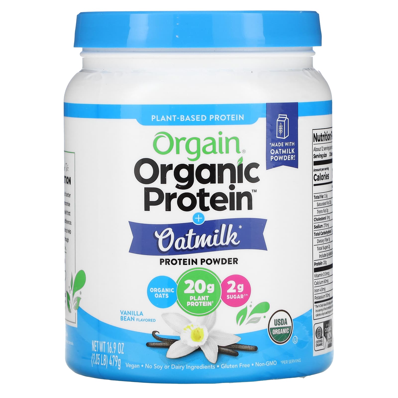 

Orgain, organic protein powder, with oatmeal, plant-based, vanilla bean, 1.05 lb (479 g)