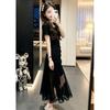 French Temperament Hepburn Style Black Mesh Splicing Dress Women's Summer Waist Hip Umbrella Long Skirt