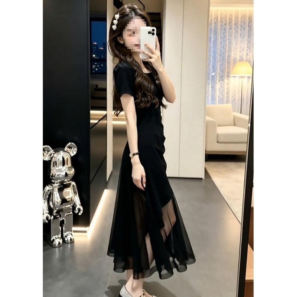 French Temperament Hepburn Style Black Mesh Splicing Dress Women's Summer Waist Hip Umbrella Long Skirt