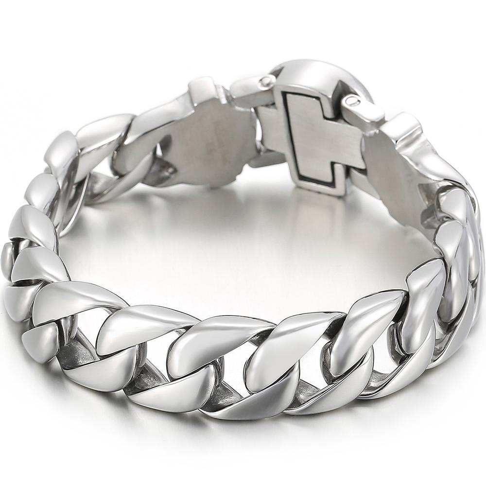 Gothic Skull Men's Bracelet 15MM Width Polished Stainless Steel Cuban Link Chain Hip Hop Streetwear Biker Jewelry