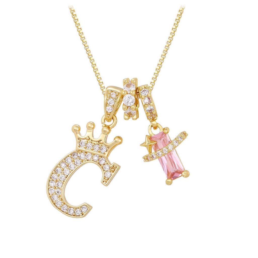 Copper Zirconia Letter Necklace with Gold-Plated Crown Pendant – Fashionable 26-Letter Accessory