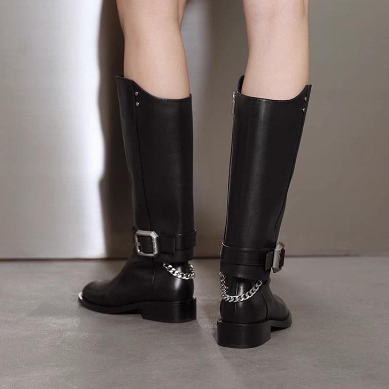 Retro belt buckle but knee boots women's new straight thick-soled retro round head thick heel back zipper boots