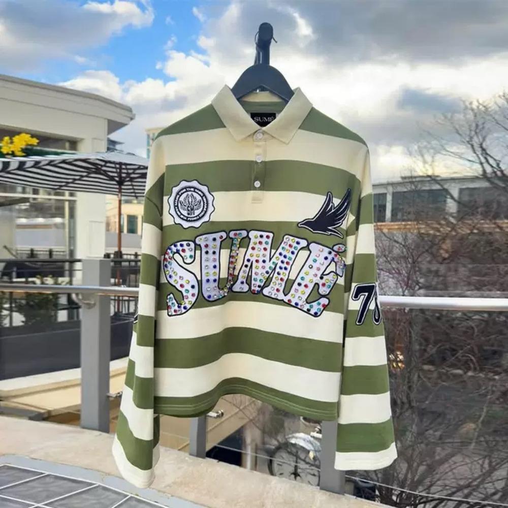 RogueWave Hip Hop Embroidery Stripe Polo Shirt Y2k Retro Fashion Classic Lapel Neck Shirt Long Sleeved T Shirt