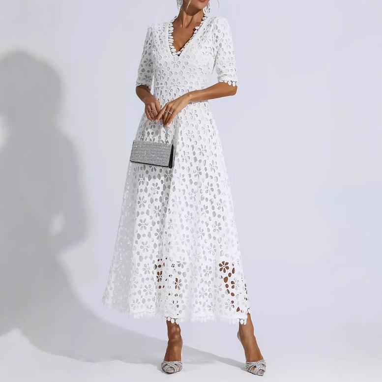 Spring and summer new European and American women's deep V medium sleeve medium and long lace evening dress dress