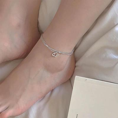 925 Sterling Silver Heart Double Layer Anklet - Korean Style Simple & Chic Design for Women