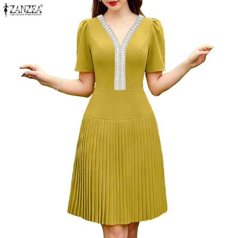 ZANZEA Women Splice V-Neck Summer Casual Short Sleeve Dress