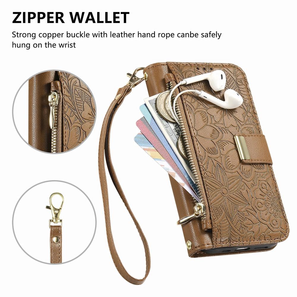 Phone Wallet Case with 6 Card Slots, Zip Coin Pocket, Stand for Hands-Free Viewing & Wrist Strap, Floral Design for OPPO VIVO Xiaomi Redmi Google