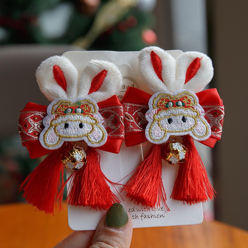 2023 Chinese New Year Embroidered Bow Hair Clip with Rabbit Ears - Red Side Clip for Little Girls
