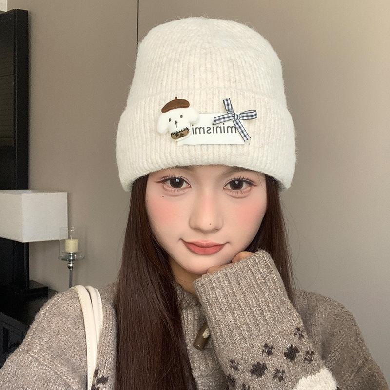 

Sweet and cute mini puppy knitted hat women s autumn and winter headwear windproof and warm ear protecting woolen cap one size