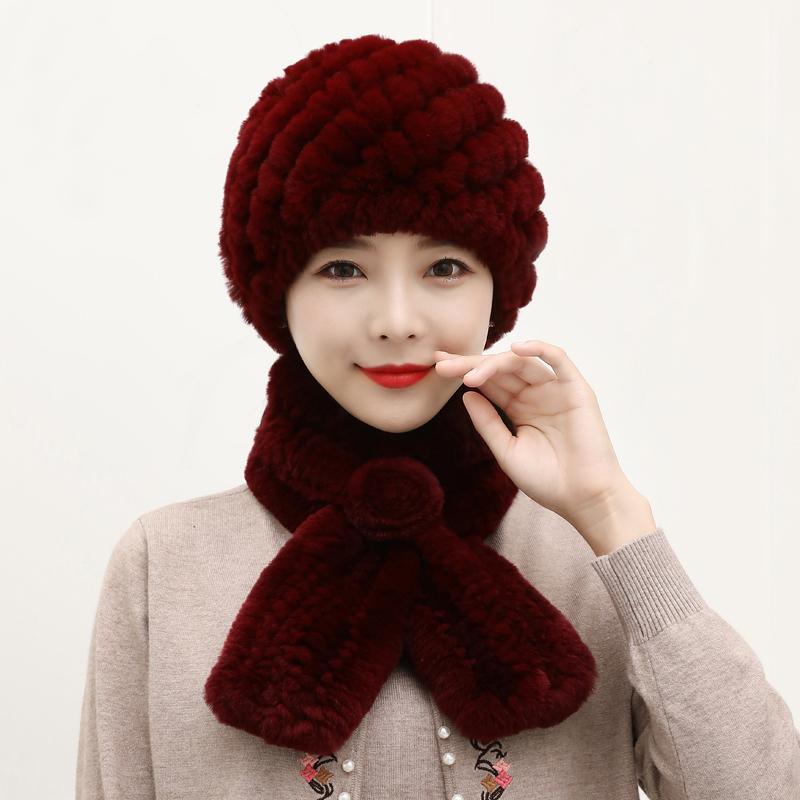 Winter Knitted 100% Natural Fur Hats Scarves Sets Women Warm Real Rex Rabbit Fur Hat Scarf Lady Fashion Thick Rex Rabbit Fur Hat