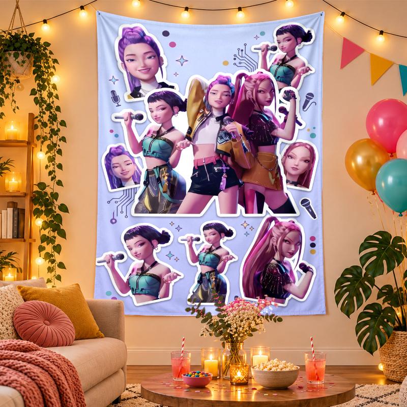 Polyester Wall Tapestry with Kpop Demon Hunters Design, Decorative Hanging for Bedroom Living Room Dorm
