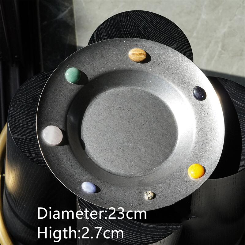 

Vintage Round Natural Stone Stainless Steel Plate Fruit Cup Tea Plate Bread Plate Dim Sum Plate Tableware Storage Plate
