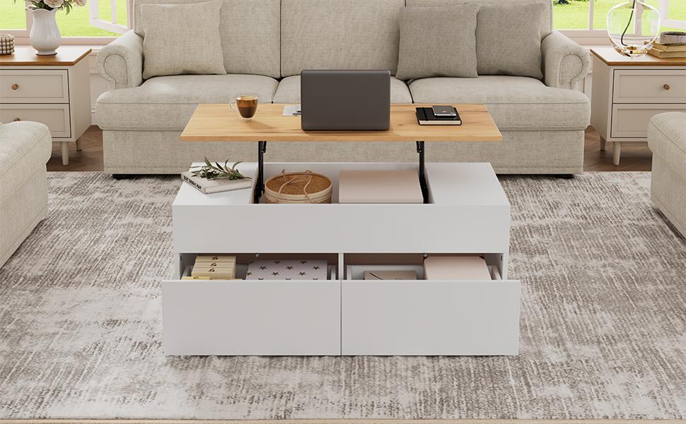 100*50*40cm Height-Adjustable Coffee Table with Hidden Storage, 2 Drawers, Semi-Open Storage, in White + Wood Color