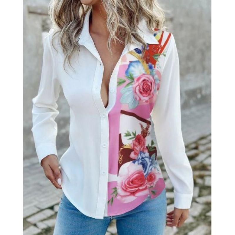 

Tooxika Новые женские топы с длинным рукавом, контрастные цветные напечатанные лацканы, однобортная рубашка XL